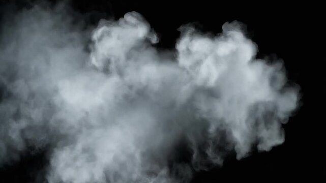Cinematic white smoke plume animation swirling against a deep black background. Perfect for adding atmospheric texture, environmental effects, or creative transitions to your video projects.