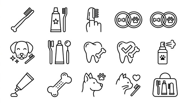 Dog dental hygiene icons set for pet care and health.