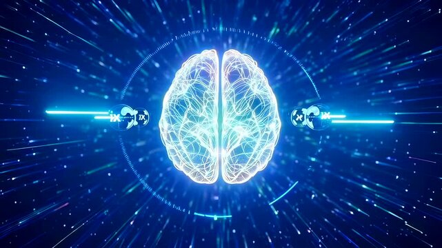 glowing neural brain hologram with robotic connectors streaming data, engineer calibrating interface in hightech ai lab, pulsing synapse trails and matrix bursts conveying rapid transfer
