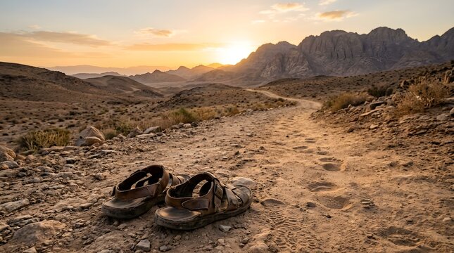 Abandoned sandals on desert path at sunset