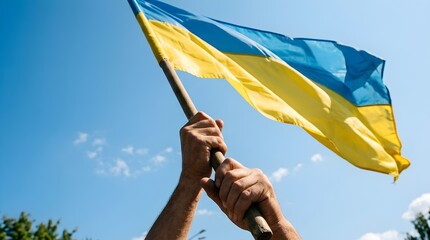 Hands Raising Ukrainian Flag for Independence Day Under Blue Sky