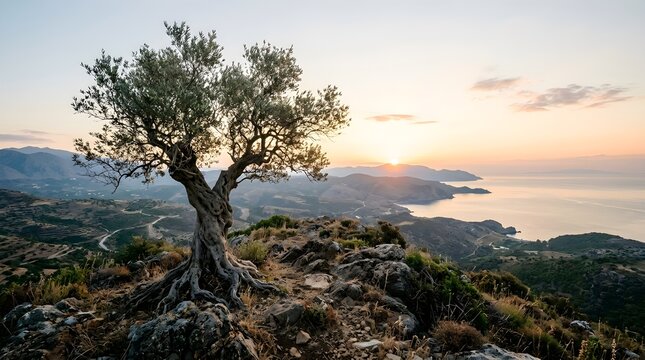 Ancient olive tree standing on a rocky hill overlooking the sea at sunset