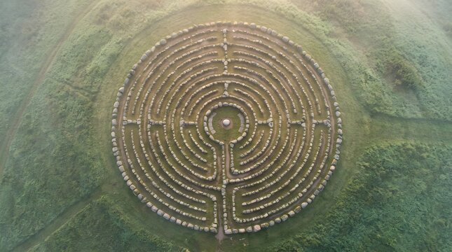 Aerial view of a circular stone labyrinth set in a lush green grassy field