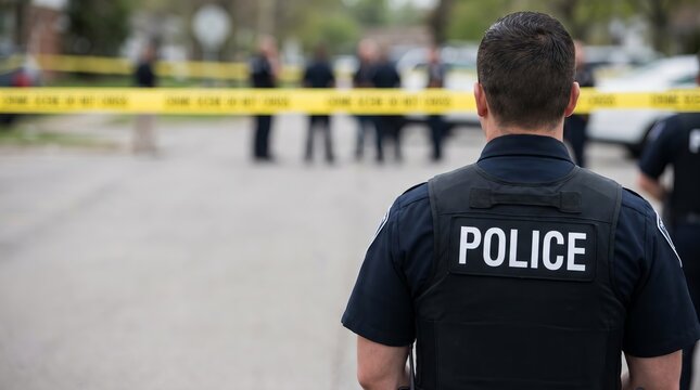 Male police officer in uniform wearing bulletproof vest marked &ldquo;POLICE,&rdquo; standing at secured crime scene, public safety, investigation