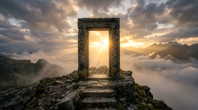 Ancient stone archway standing on a mountain summit at sunset with clouds
