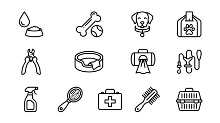 Fototapeta premium Collection of dog grooming and care icons in a simple line art style.