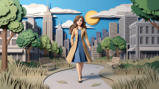Illustration of a smiling, care-free woman in a tan coat walking on a path through a city park with a skyline background.