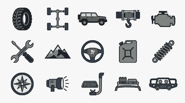 Elegant Minimalist Black and Gray Vehicle and Road Trip Accessory Icons Set for Digital Design with high quality professional line art symbols for modern creative design and digital branding projects