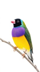 Fototapeta premium Gouldian finch bird perched on branch with colorful plumage isolated on white background macro photography