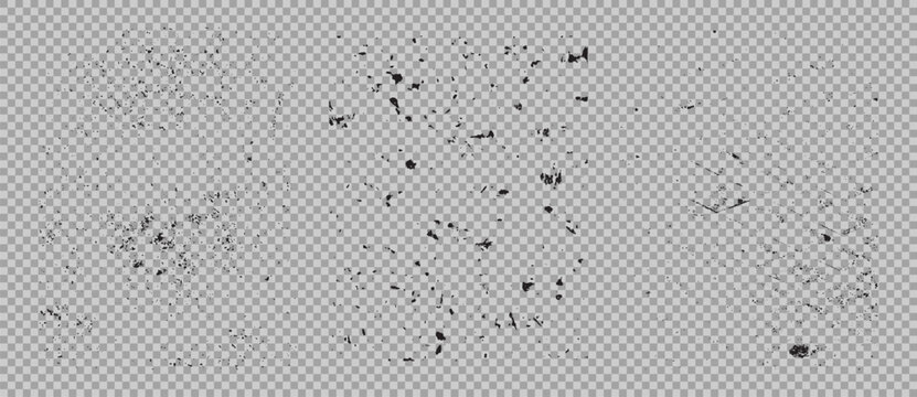 Collection of black grunge texture overlays with speckled dust and scratched effects on transparent background.