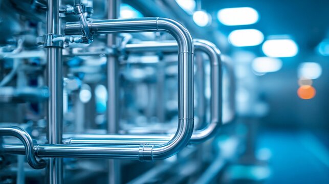 Sparkling clean stainless steel pipes forming a complex industrial system in a modern manufacturing facility.