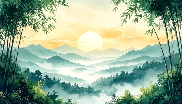 Japanese watercolor landscape with bamboo arching inward to frame a bright central sky, natural frame composition