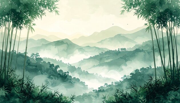 Minimal watercolor forest landscape with layered hills framed by slender bamboo, pale green serenity
