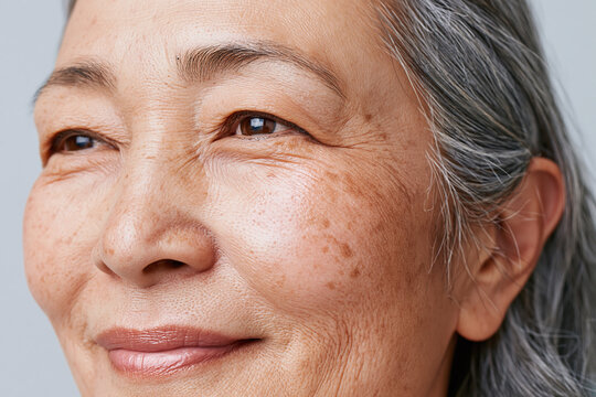Elderly Japanese woman portrait with warm smile, close up skin texture, natural gray hair, sunspots and wrinkles conveying serene confidence and soft studio lighting