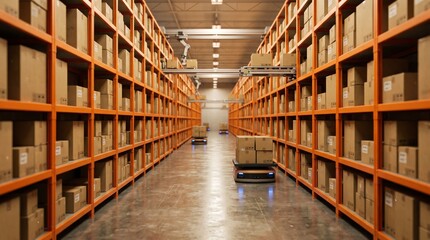Obraz premium Automated Warehouse Robot Navigating Storage Aisle with Boxes