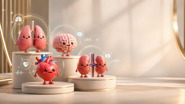 3d wellness concept with cute cartoon human organs including brain heart lungs and kidney standing on round podiums in bright room with soft light and health icons