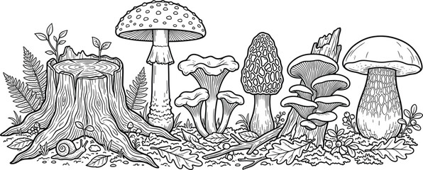 Detailed black and white forest floor illustration with mushrooms, tree stumps, plants, snail, and woodland elements for natural design projects © Mahabuba