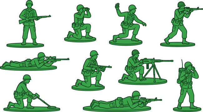 Toy Army Men Green Plastic Soldier Vector Figurine Set with Rifleman Sniper Mine Detector Radio Operator Machine Gunner and Grenade Thrower Combat Poses