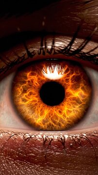 Human eye with intense orange fire burning in iris.