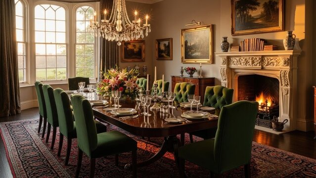 Elegant dining room with large window, fireplace, table set for a feast
