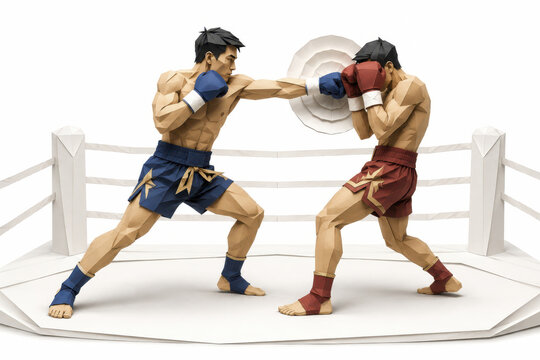 Muay thai boxing fighter ring punch glove sparring opponent muay thai boxing fighter ring punch glove sparring opponent low poly 3D illustration showing training match athletic men combat sport