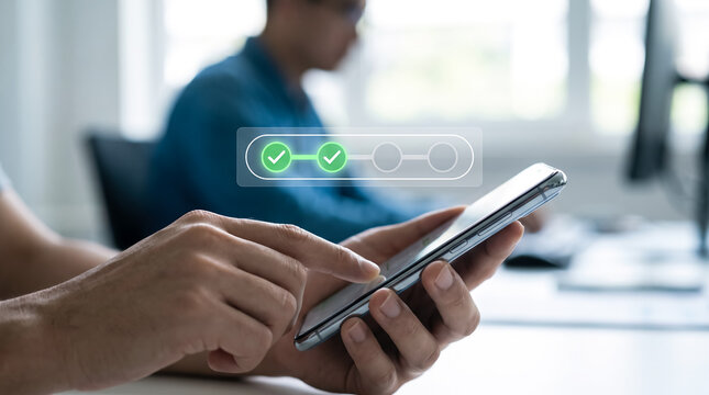 Person using a smartphone to complete digital tasks with a progress bar showing successful step completion in office