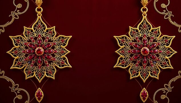 Elegant gold and ruby jewelry on dark red background