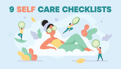 Obraz premium Self-care checklist concept featuring a woman relaxing on a cloud with cucumber slices on her eyes while tiny people assist her at home.