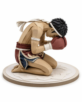 Muay thai boxer fighter kneel glove headband defeated paper sculpture muay thai boxer fighter kneel with glove and headband defeated expression paper sculpture white background combat sport