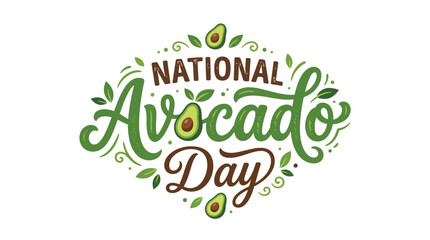 Fototapeta premium National Avocado Day logo with green and brown text and avocado illustrations on white background