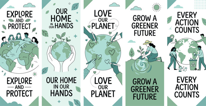 Set of environmental awareness posters with earth and people conservation slogans