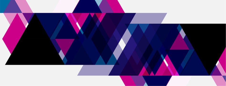 Abstract geometric pattern. Triangles, rectangles overlap creating dynamic visual effect. Purple, pink, blue hues dominate composition.