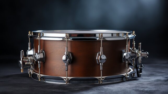 Close-up of a wooden snare drum in studio light.