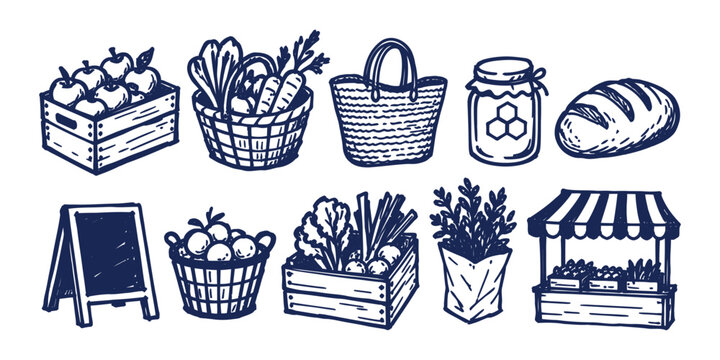 farmers market collection and organic fresh food grocery harvest doodle icon set vector illustration
