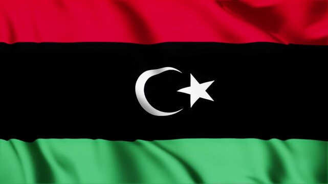 Libya national flag waving animation, demonstrating national pride and cultural heritage through gently rippling fabric, a symbol of freedom and unity.