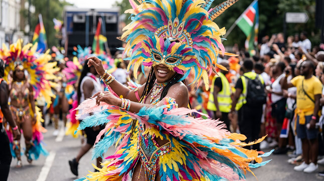 Smiling black woman dancing in colorful feather headdress and costume at the carnival
