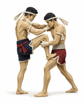 Muay thai fighter martial art clinch knee strike Two male muay thai fighter practice martial art clinch with knee strike training wearing traditional shorts and hand wrap isolated white background