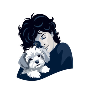 Sleeping boy cuddling small fluffy dog.