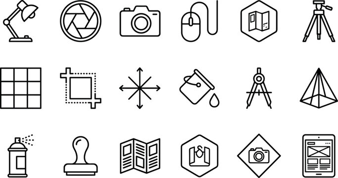 Photography Graphic Design and Print Media Line Icon Set with Cameras Apertures Tripods Paint Buckets Layouts and 3D Tools for Creative Software Interfaces