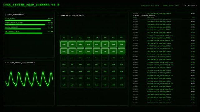 System Deep Scanner Memory Diagnostics Malware Vulnerability Detection Interface Animation.