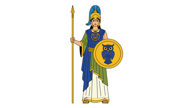 Classical greek goddess athena standing tall with a spear and a golden shield featuring an owl emblem in a flat illustration.