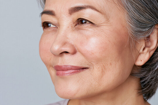 Smiling middle aged Asian woman with clear skin and subtle wrinkles, close up portrait showing natural beauty, graceful expression and soft studio lighting