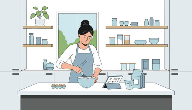 Young woman wearing an apron whisking ingredients in a bowl while following a recipe on her digital tablet in a bright kitchen.