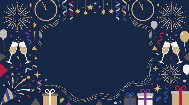 Festive New Year Celebration Background with Fireworks, Champagne Toast, and Party Decorations on a Dark Blue Frame