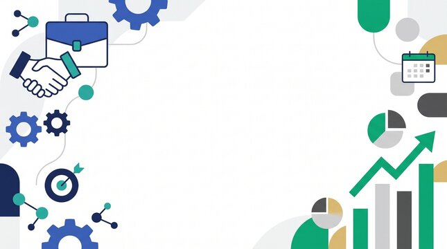 Illustrative Background Depicting Business Collaboration, Strategic Planning, and Financial Growth with Modern Flat Design Icons and Abstract Elements