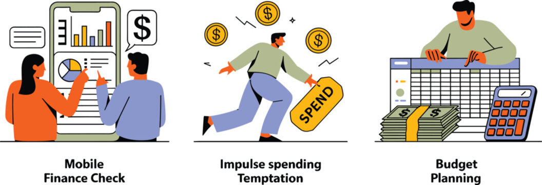 Personal finance management scenes set highlighting mobile banking tracker applications impulse retail shopping temptations and accounting budget planning