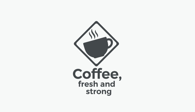 Simple black and white coffee logo with a steaming cup inside a diamond frame and the text coffee fresh and strong below it.