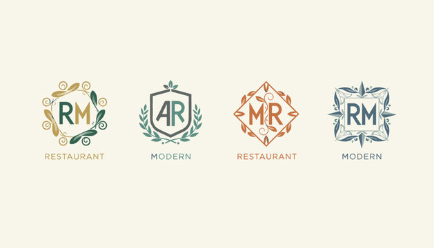 Set of four luxury restaurant and modern corporate logos featuring various initials framed by elegant wreaths and shapes.