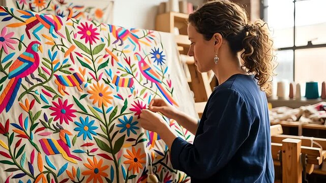 Woman artisan embroidering colorful floral patterns on large fabric