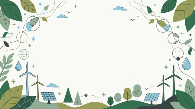 Vibrant Eco-Friendly Background Showcasing Renewable Energy Solutions with Wind Turbines, Solar Panels, and Lush Greenery